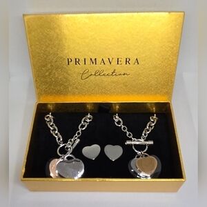 Primavera Silver-Tone Heart Charm Jewelry Set – Necklace, Bracelet & Earrings